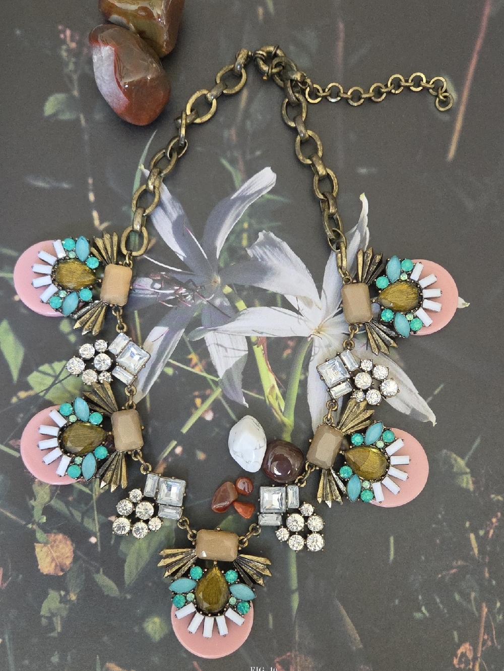 Vintage Style Statement Necklace Coral Turquoise Crystal Embellished Collar.